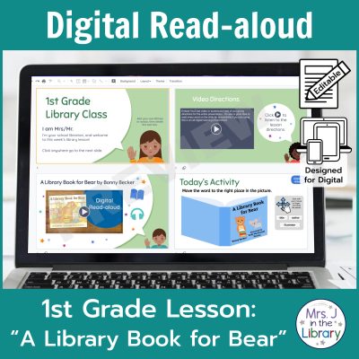 Laptop computer screen showing "A Library Book for Bear" Digital Read-aloud slide activities with 2 banners reading Digital Read-aloud and 1st Grade Lesson "A Library Book for Bear"