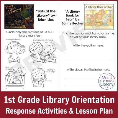 Screenshot of 1st grade library behavior and title & author activities for "Bats at the Library" by Brian Lies and "A Library Book for Bear" by Bonny Becker