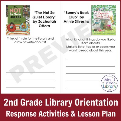 Screenshot of 2nd grade reading response activities for "The Not So Quiet Library" by Zachariah OHora and "Bunny's Book Club" by Annie Silvestro