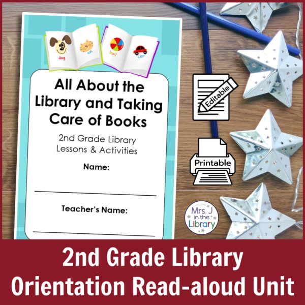 2nd Grade Library Orientation Read-aloud Unit: Response Booklet cover on a wood background with metal stars , colored pencils, and icons to show this product is editable and printable.