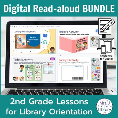 Laptop screen with sample slides in the 2nd Grade Digital Read-aloud Orientation Bundle