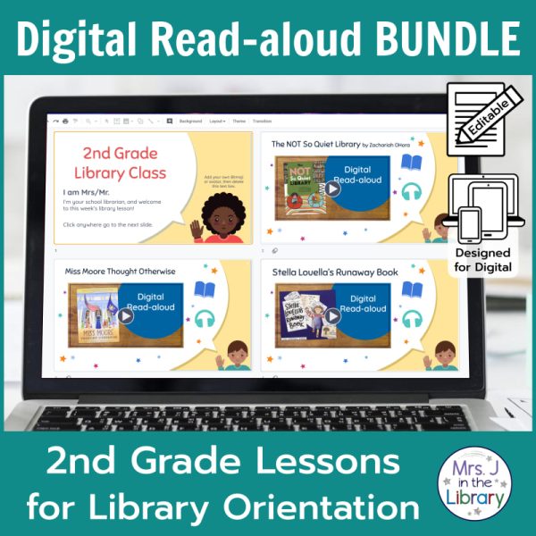 Laptop screen with title slides of 2nd Grade Digital Read-aloud Orientation Bundle including The Not So Quiet Library, Stella Louella's Runaway Book, and Miss Moore Thought Otherwise