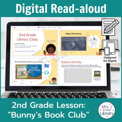 Laptop computer screen showing "Bunny's Book Club" Digital Read-aloud activities with 2 banners reading Digital Read-aloud and 2nd Grade Lesson "Bunny's Book Club"