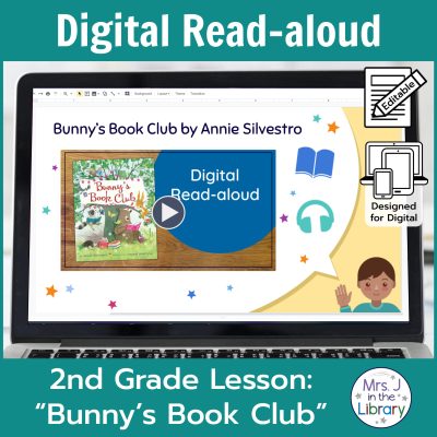 Laptop computer screen showing "Bunny's Book Club" Digital Read-aloud title slide with 2 banners reading Digital Read-aloud and 2nd Grade Lesson "Bunny's Book Club"