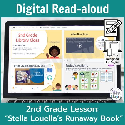 Laptop computer screen showing "Stella Louella's Runaway Book" Digital Read-aloud activities with 2 banners reading Digital Read-aloud and 2nd Grade Lesson "Stella Louella's Runaway Book"