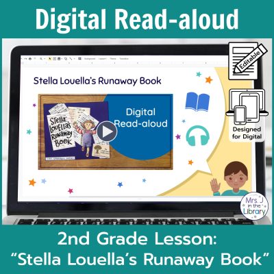Laptop computer screen showing "Stella Louella's Runaway Book" Digital Read-aloud title slide with 2 banners reading Digital Read-aloud and 2nd Grade Lesson "Stella Louella's Runaway Book"