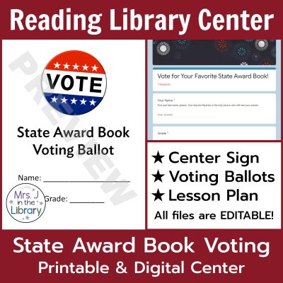 Collage of printable voting ballot and screenshot of Google Form ballot; Text box reads Center Sign, Voting Ballots, Lesson Plan, and All files are editable.