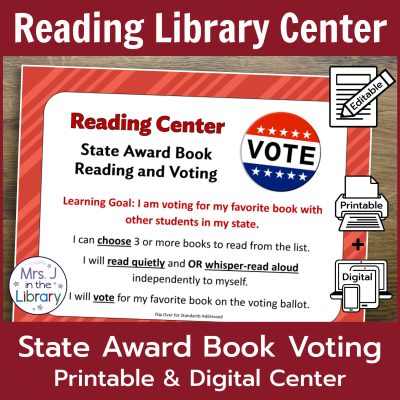 Library center sign for State Award Book Reading and Voting Library Center, with icons to show this product is editable, digital and printable