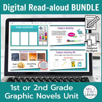 Laptop screen with activity slides of Primary Graphic Novels Digital Read-aloud Bundle.