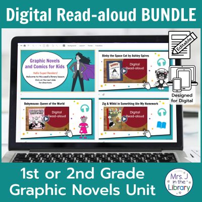 Laptop screen with title slides of Primary Graphic Novels Digital Read-aloud Bundle.