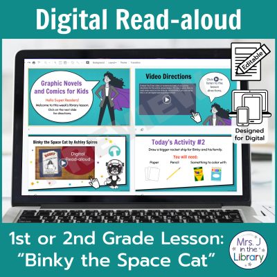 Laptop computer screen showing "Binky the Space Cat" Digital Read-aloud activities with 2 banners reading Digital Read-aloud and 1st or 2nd Grade Lesson "Binky the Space Cat"