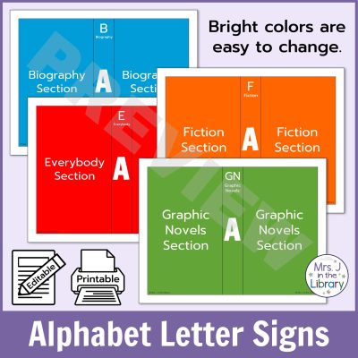 4 versions of biography, everybody, fiction, and graphic novel signs with text: Bright colors are easy to change.