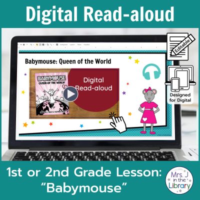 Laptop computer screen showing "Babymouse" Digital Read-aloud title slide.
