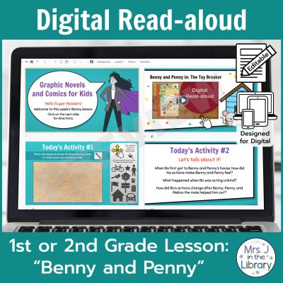 Laptop computer screen showing activities for "Benny and Penny in: The Toy Breaker" Digital Read-aloud.