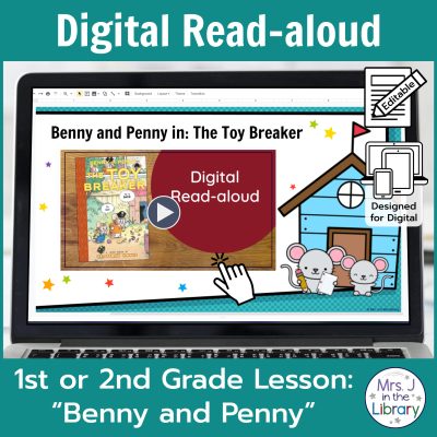 Laptop computer screen showing "Benny and Penny in: The Toy Breaker" Digital Read-aloud title slide.