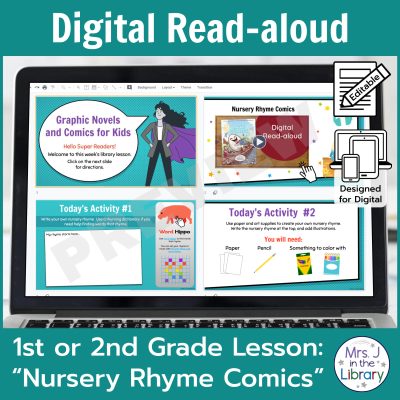 Laptop computer screen showing "Nursery Rhyme Comics" Digital Read-aloud activities.