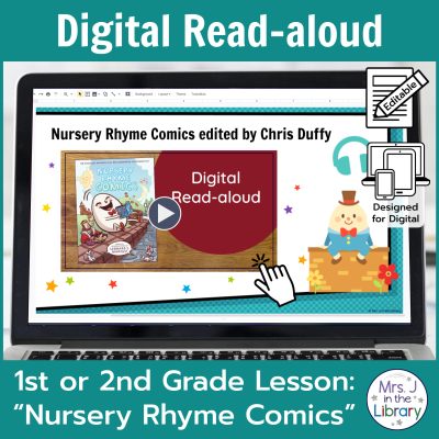 Laptop computer screen showing "Nursery Rhyme Comics" Digital Read-aloud title slide.