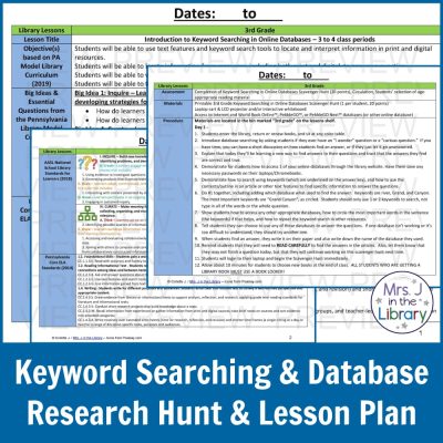 Lesson plan screenshot for Library Research Scavenger Hunt with caption: Keyword Searching & Database Research Hunt & Lesson Plan.