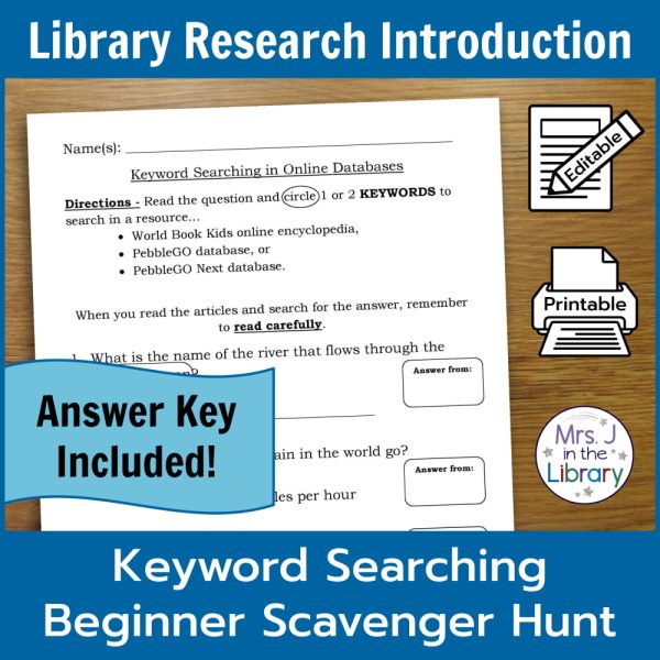 printable, editable Library Research Scavenger Hunt on wooden background with captions: Library Research Introduction; Keyword Searching Beginner Scavenger Hunt; Answer Key Included.