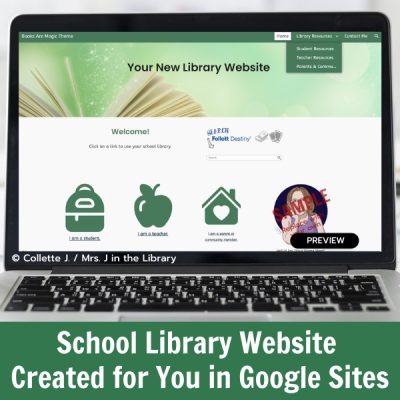 Home page with Destiny catalog search widget, green icon links for Student Resources, Teacher Resources, and Parent and Community Resources; sample image shown for librarian contact information.