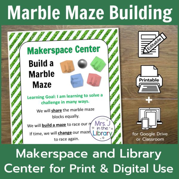 Marble Maze Building makerspace center sign with editable, printable, and digital icons.