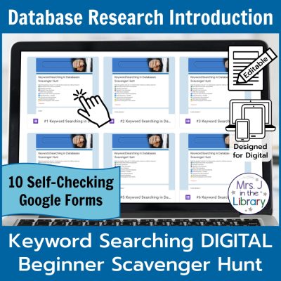Digital, editable Library Database Research Scavenger Hunt screenshots on laptop computer screen. Self-checking answer key included.
