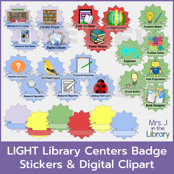 Learning badges or stickers or clipart for library centers gamification.