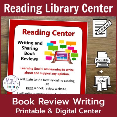 Library center sign for Book Review Writing Library Center, with icons to show this product is editable, digital and printable.