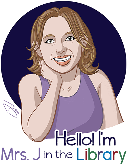 avatar-styled image of Mrs. J in the Library with overlay text "Hello! I'm Mrs. J in the Library"