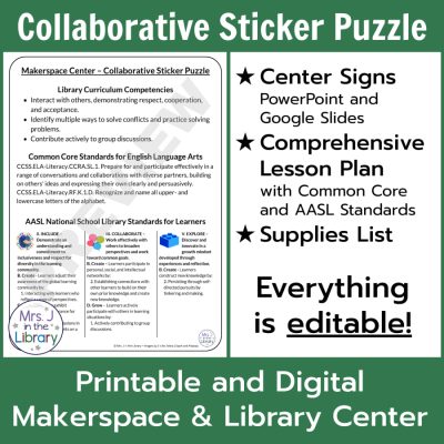 Curriculum competencies and learning standards on center sign for Collaborative Sticker Puzzle Makerspace Center.