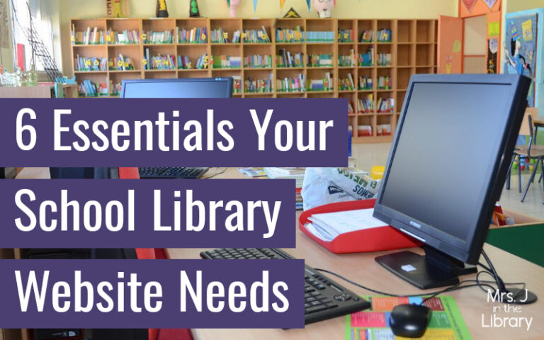 6 essentials your school library website needs; library circulation desk with 2 desktop computers.