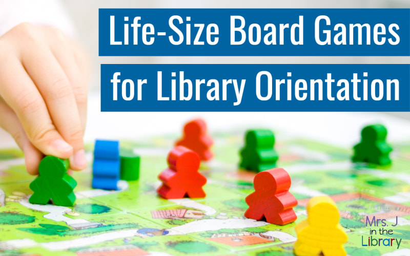 Child's hand moving board game token with title: Life-Size Board Games for Library Orientation.