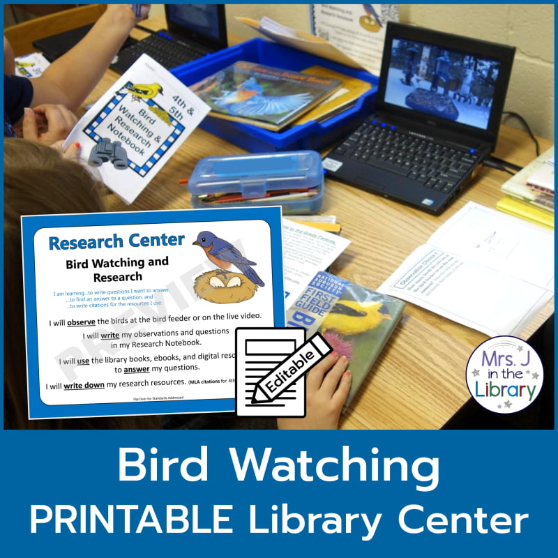 Editable center sign in landscape orientation with elementary students researching at the Bird Watching and Research Library Center.