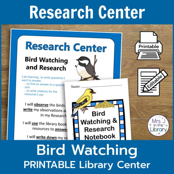 Center sign and printable booklet for Bird Watching and Research Library Center on wood background.
