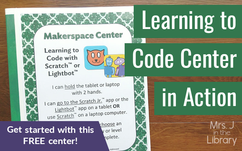 Center sign in a presentation book with text: Learning to Code Center in Action and Get started with this free center!