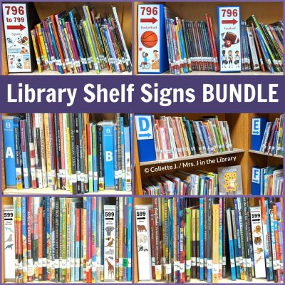 Wide and narrow library signs on bookshelves with text: Library Shelf Signs Bundle.