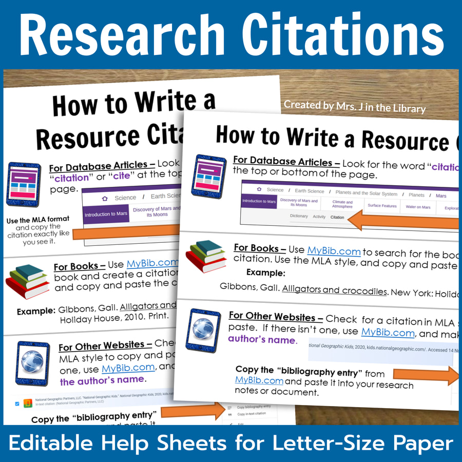 Printable letter-size student help sheets for writing a citation.