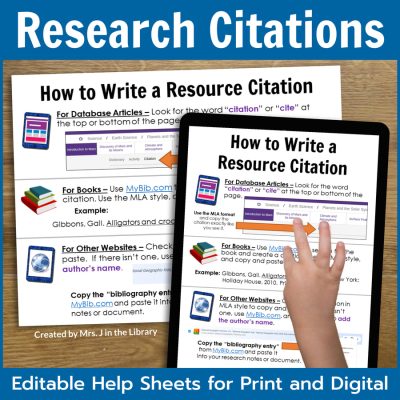 Printable and digital student help sheets for how to write a resource citation for research.
