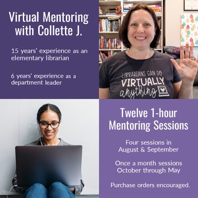 Collage of text reading Virtual Mentoring with Collette J., Twelve 1-hour Mentoring Sessions, and 2 photos of Collette J. and a medium-skinned woman using a laptop.
