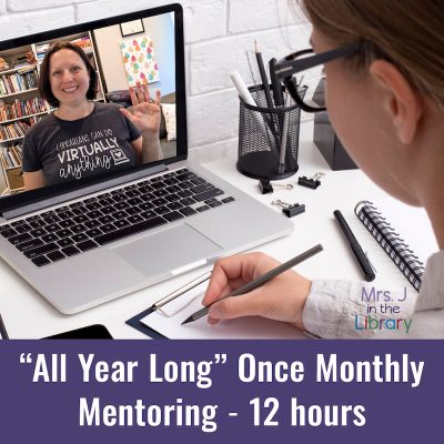 Collette Jakubowicz on virtual meeting screen with a librarian taking notes at a desk; text reads "All Year Long" Once Monthly Mentoring - 12 hours.
