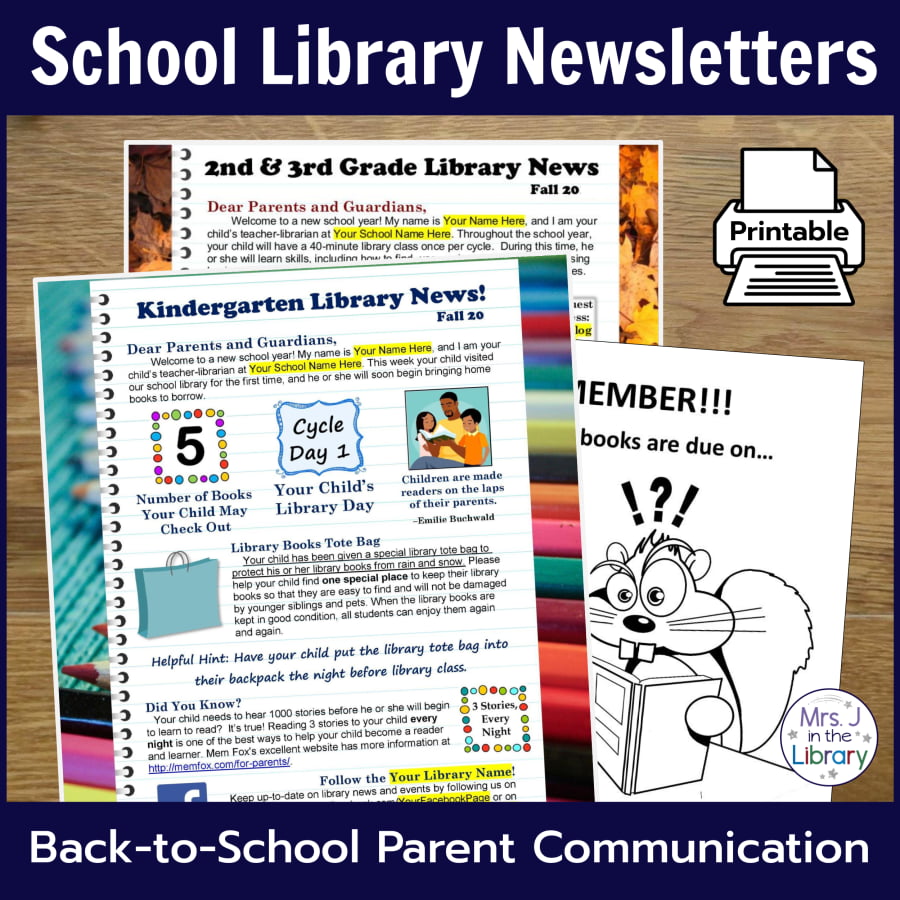 Kindergarten and 2nd & 3rd grade school library newsletters on wood desk with text: Back-to-School Parent Communication.