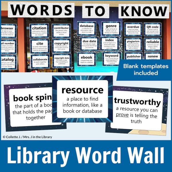 School library vocabulary words and definitions on a wall with text: Library Word Wall and Blank Templates Included.