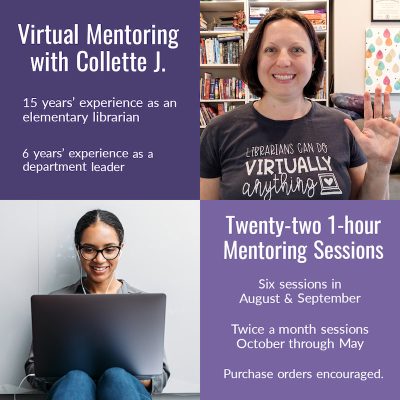 Collage of text reading Virtual Mentoring with Collette J., Twenty-two 1-hour Mentoring Sessions, and 2 photos of Collette J. and a medium-skinned woman using a laptop.