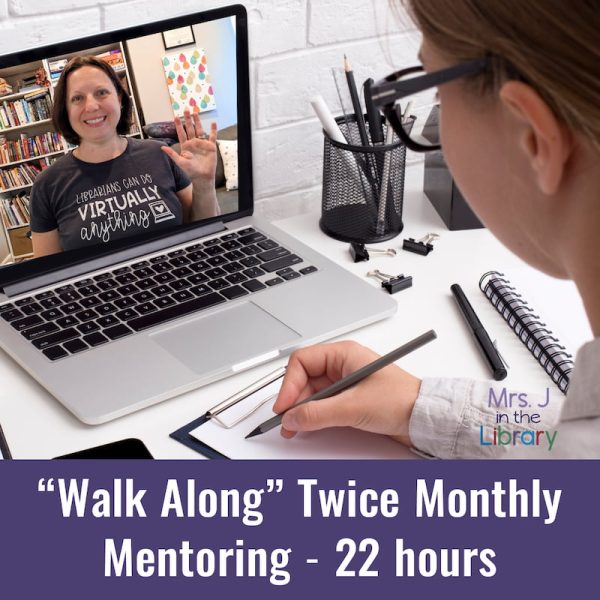 Collette Jakubowicz on virtual meeting screen with a librarian taking notes at a desk; text reads "Walk Along" Twice Monthly Mentoring - 22 hours.