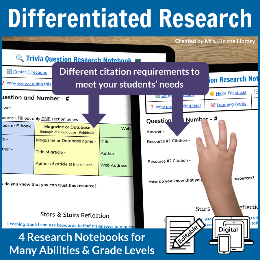 2 versions of Research Notebooks shown on tablet screens with child hand tapping the screen; text reads Different citation requirements to meet your students' needs.