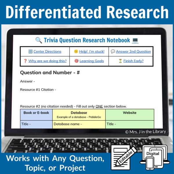 Advanced version of Research Notebook on laptop screen with text: Works with Any Question, Topic, or Project.