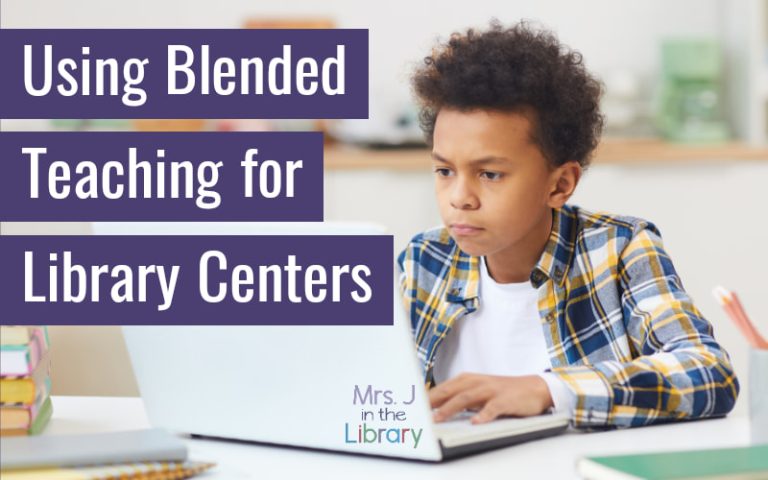 A black male student using a laptop at a table with text: Using Blended Teaching for Library Centers.