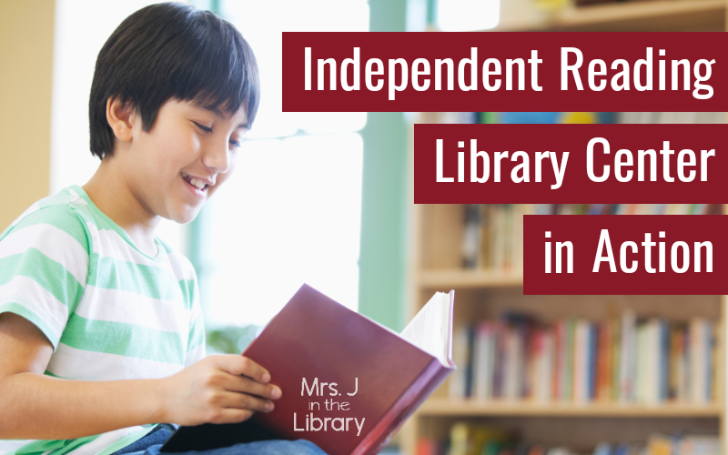 Asian boy reading a book in the library with text: Independent Reading Library Center in Action.