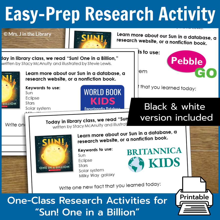 Printable Black History Month library activities for Pebble Go, World Book Kids, and Britannica Kids with text: Easy-Prep Research Activity, One-Class Research Activities for "Sun One in a Billion."