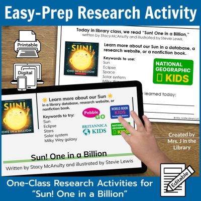 Sun and solar eclipse research activity on a printed half-sheet and on a tablet with text: Easy-Prep Research Activity, One-Class Research Activities for "Sun One in a Billion."